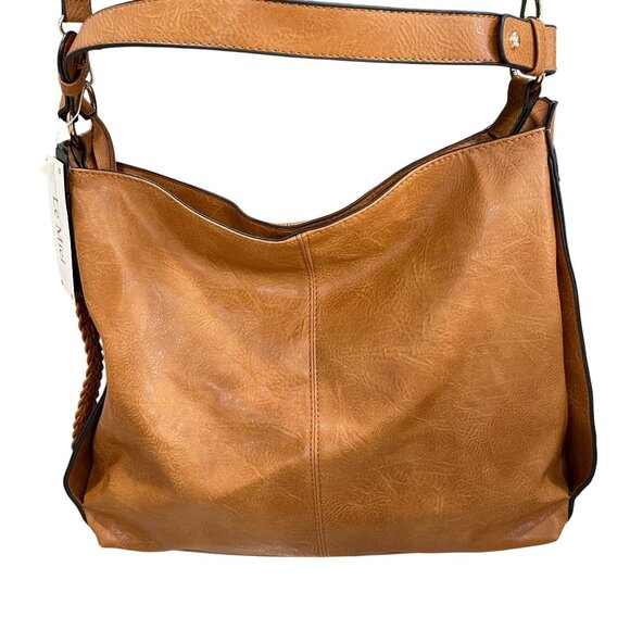 Le Miel Vegan Leather Tote Crossbody Bag Cognac Brown Large Braided Strap - Picture 13 of 14